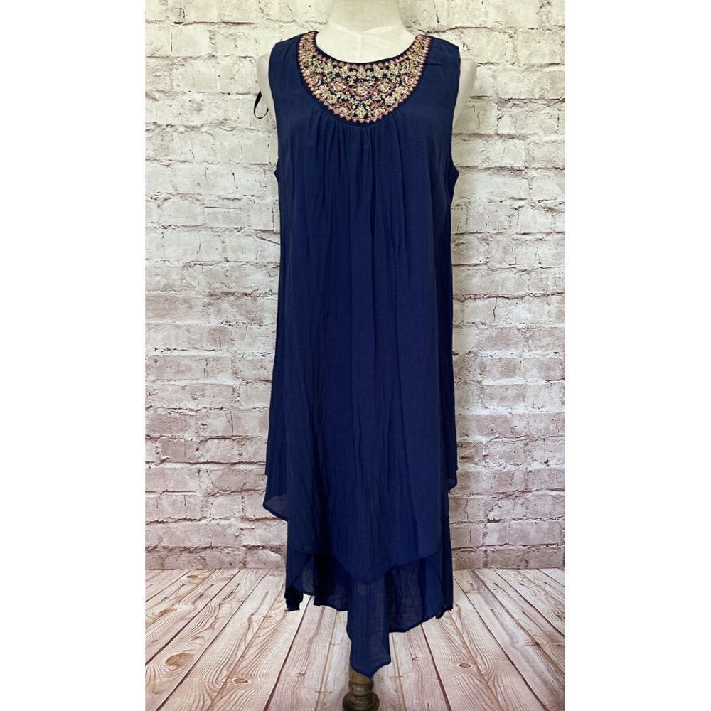LUXOLOGY Womens Navy Sleeveless Boho Embroidered Shift Hi Low Midi Dress Size M